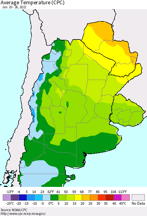 Southern South America Average Temperature (CPC) Thematic Map For 6/20/2022 - 6/26/2022