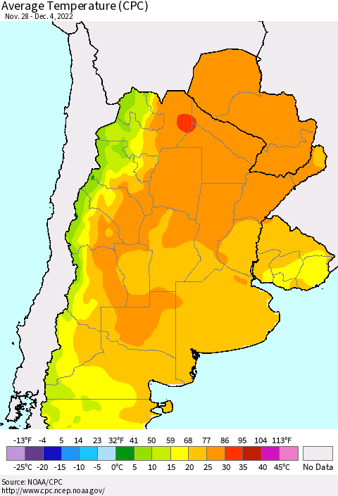 Southern South America Average Temperature (CPC) Thematic Map For 11/28/2022 - 12/4/2022