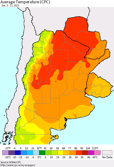 Southern South America Average Temperature (CPC) Thematic Map For 12/5/2022 - 12/11/2022