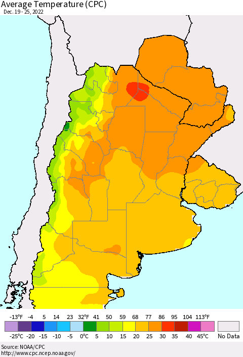 Southern South America Average Temperature (CPC) Thematic Map For 12/19/2022 - 12/25/2022