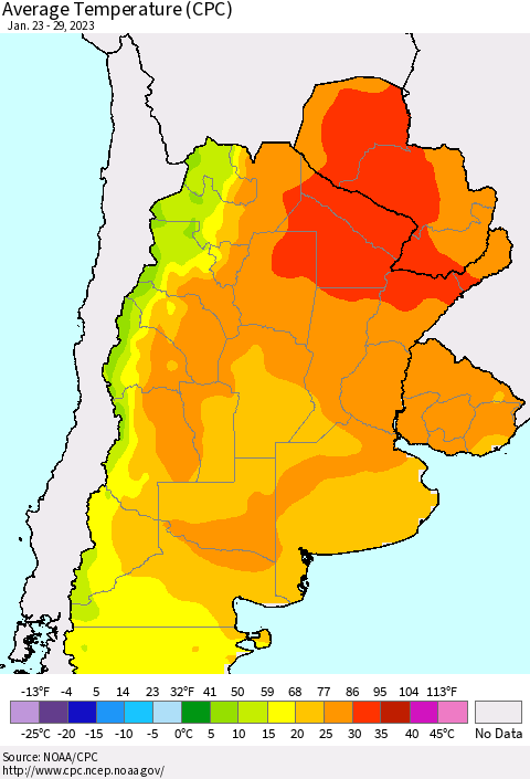 Southern South America Average Temperature (CPC) Thematic Map For 1/23/2023 - 1/29/2023