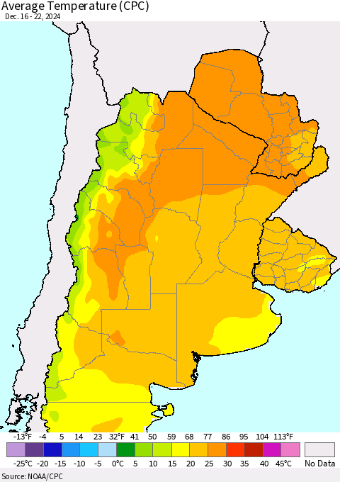 Southern South America Average Temperature (CPC) Thematic Map For 12/16/2024 - 12/22/2024