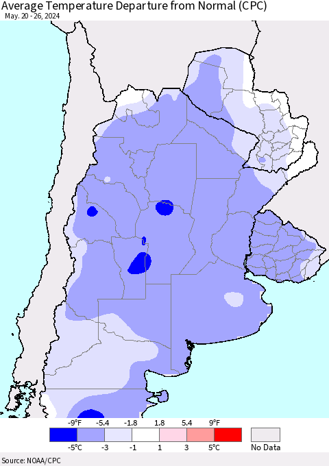 Southern South America Average Temperature Departure from Normal (CPC) Thematic Map For 5/20/2024 - 5/26/2024