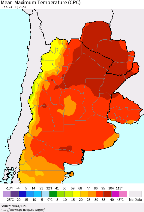 Southern South America Mean Maximum Temperature (CPC) Thematic Map For 1/23/2023 - 1/29/2023