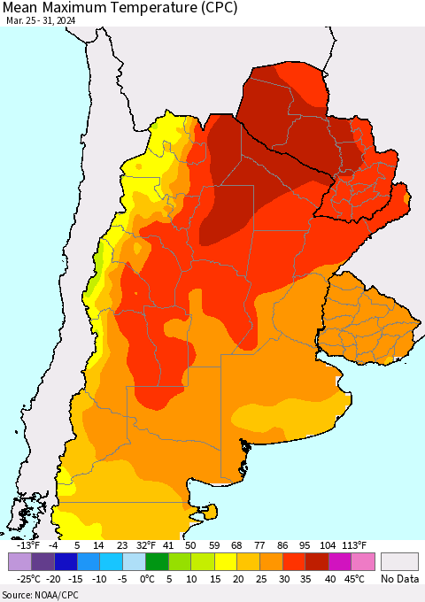 Southern South America Mean Maximum Temperature (CPC) Thematic Map For 3/25/2024 - 3/31/2024