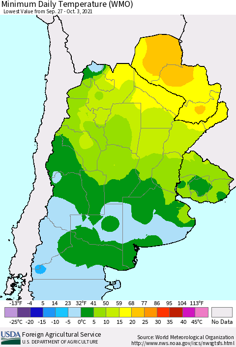 Southern South America Minimum Daily Temperature (WMO) Thematic Map For 9/27/2021 - 10/3/2021