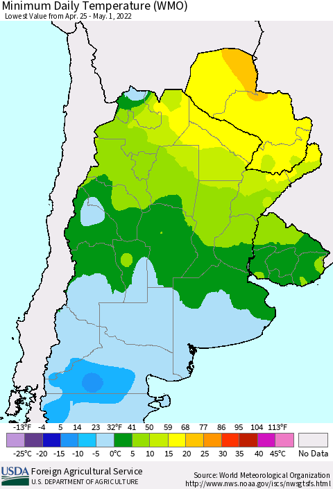 Southern South America Minimum Daily Temperature (WMO) Thematic Map For 4/25/2022 - 5/1/2022