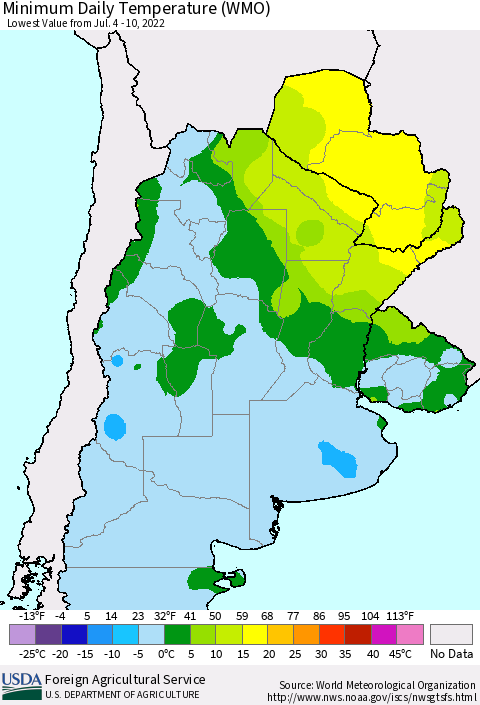Southern South America Minimum Daily Temperature (WMO) Thematic Map For 7/4/2022 - 7/10/2022