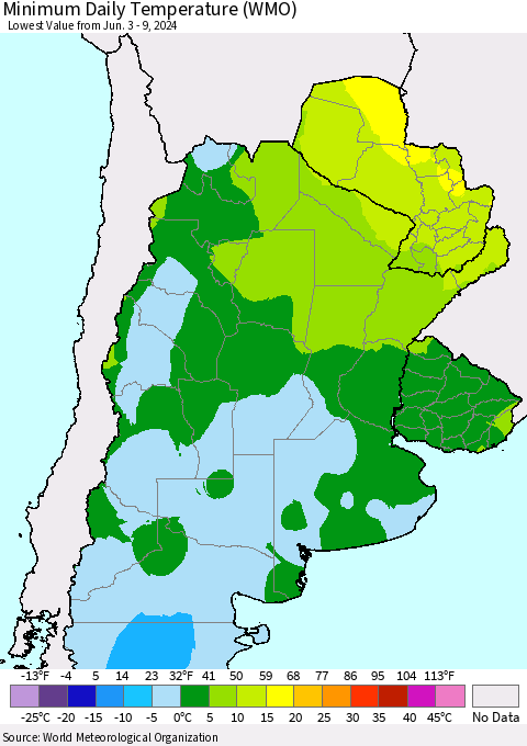 Southern South America Minimum Daily Temperature (WMO) Thematic Map For 6/3/2024 - 6/9/2024
