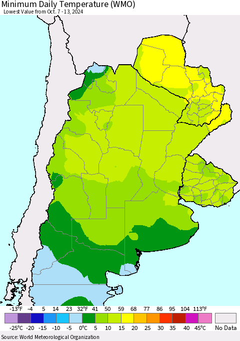 Southern South America Minimum Daily Temperature (WMO) Thematic Map For 10/7/2024 - 10/13/2024