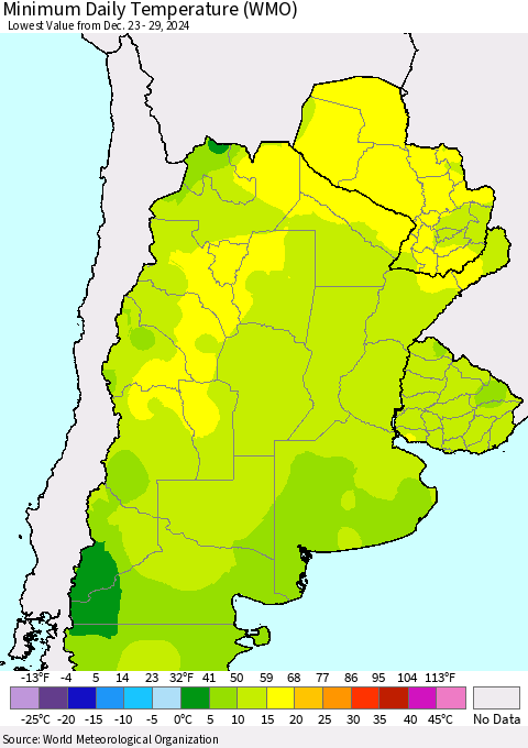 Southern South America Minimum Daily Temperature (WMO) Thematic Map For 12/23/2024 - 12/29/2024
