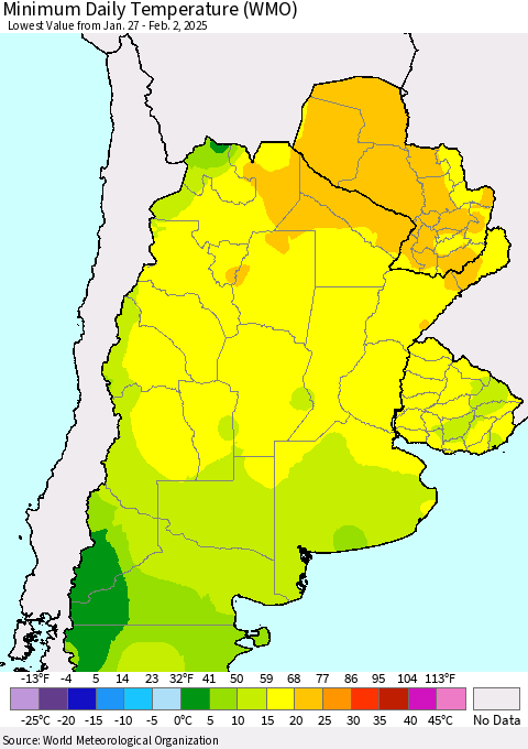 Southern South America Minimum Daily Temperature (WMO) Thematic Map For 1/27/2025 - 2/2/2025