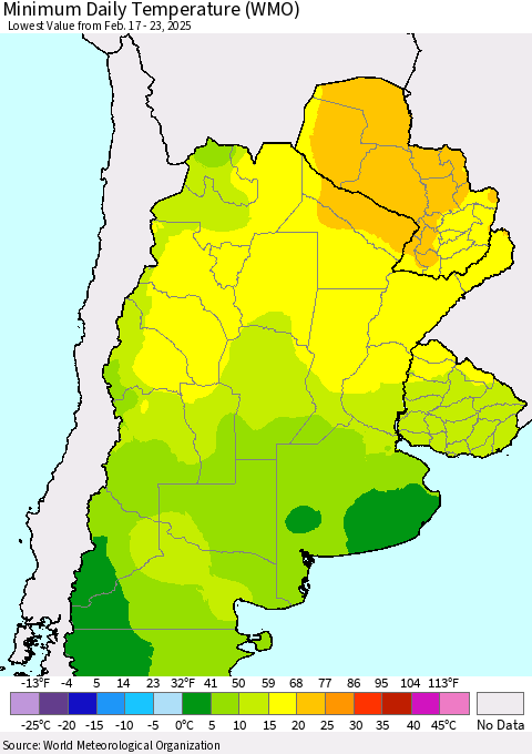 Southern South America Minimum Daily Temperature (WMO) Thematic Map For 2/17/2025 - 2/23/2025
