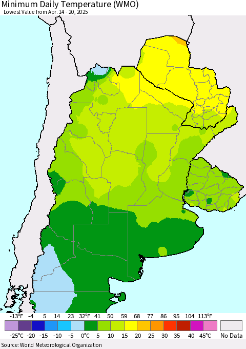 Southern South America Minimum Daily Temperature (WMO) Thematic Map For 4/14/2025 - 4/20/2025