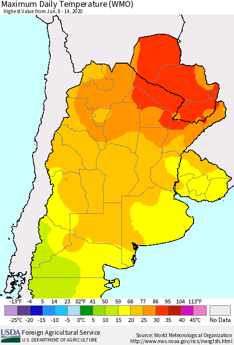 Southern South America Maximum Daily Temperature (WMO) Thematic Map For 6/8/2020 - 6/14/2020