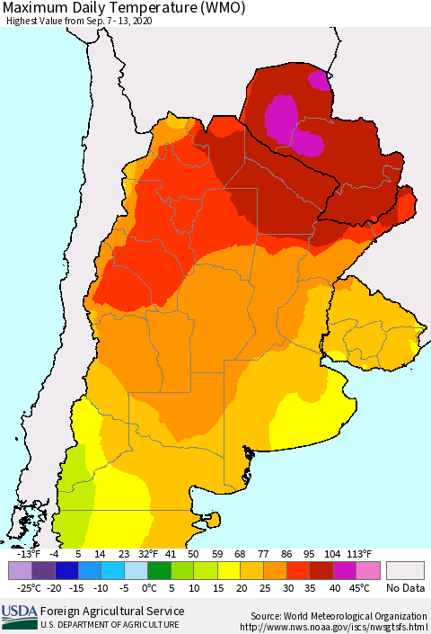 Southern South America Maximum Daily Temperature (WMO) Thematic Map For 9/7/2020 - 9/13/2020