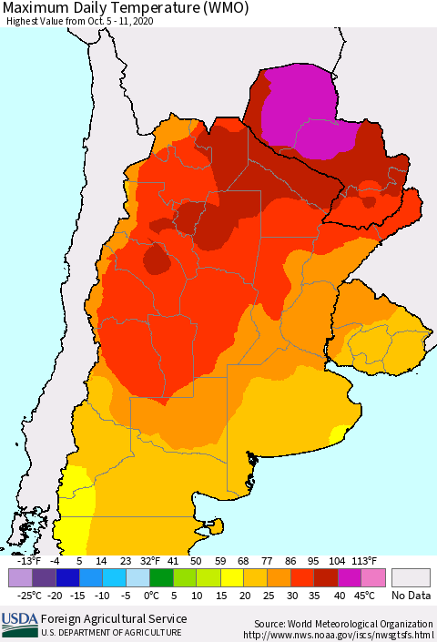 Southern South America Maximum Daily Temperature (WMO) Thematic Map For 10/5/2020 - 10/11/2020