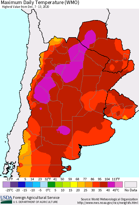 Southern South America Maximum Daily Temperature (WMO) Thematic Map For 12/7/2020 - 12/13/2020