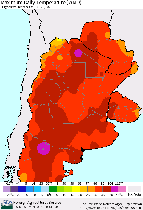 Southern South America Maximum Daily Temperature (WMO) Thematic Map For 1/18/2021 - 1/24/2021
