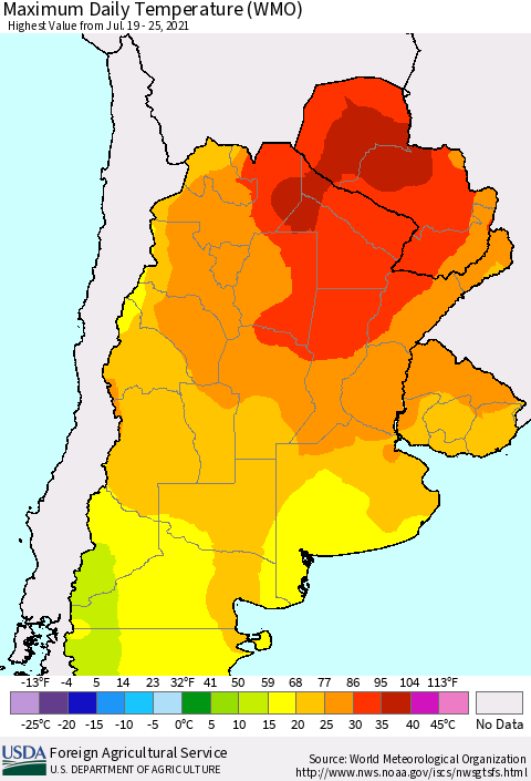 Southern South America Maximum Daily Temperature (WMO) Thematic Map For 7/19/2021 - 7/25/2021