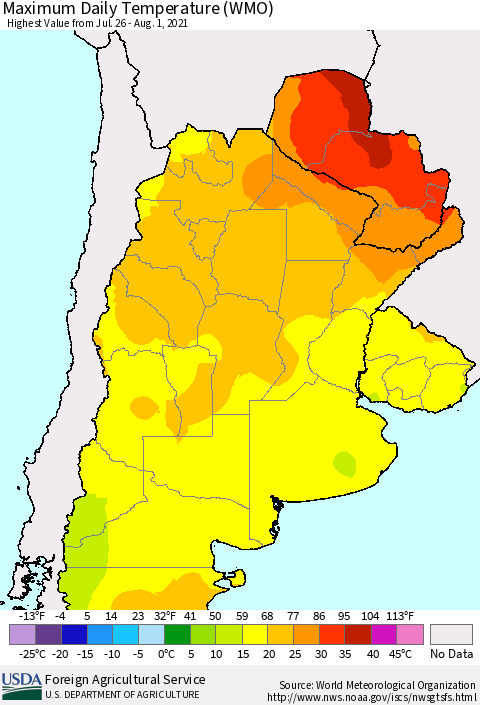 Southern South America Maximum Daily Temperature (WMO) Thematic Map For 7/26/2021 - 8/1/2021