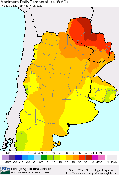 Southern South America Maximum Daily Temperature (WMO) Thematic Map For 8/9/2021 - 8/15/2021