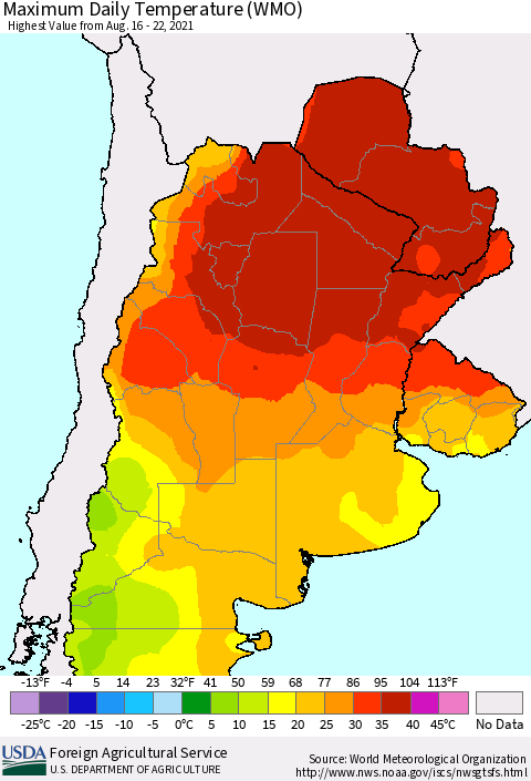 Southern South America Maximum Daily Temperature (WMO) Thematic Map For 8/16/2021 - 8/22/2021
