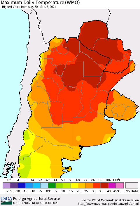 Southern South America Maximum Daily Temperature (WMO) Thematic Map For 8/30/2021 - 9/5/2021