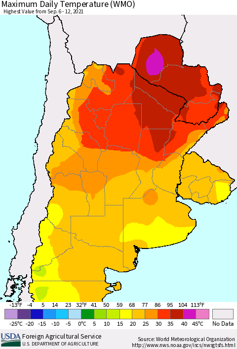 Southern South America Maximum Daily Temperature (WMO) Thematic Map For 9/6/2021 - 9/12/2021