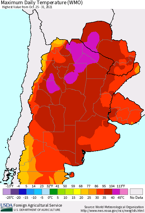 Southern South America Maximum Daily Temperature (WMO) Thematic Map For 10/25/2021 - 10/31/2021