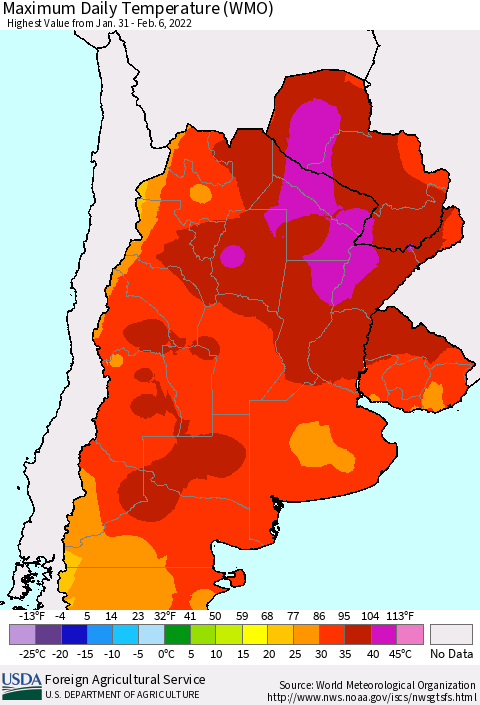 Southern South America Maximum Daily Temperature (WMO) Thematic Map For 1/31/2022 - 2/6/2022