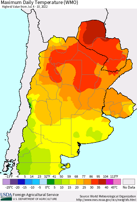 Southern South America Maximum Daily Temperature (WMO) Thematic Map For 7/4/2022 - 7/10/2022
