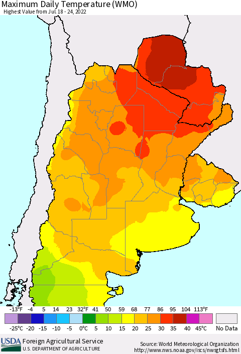 Southern South America Maximum Daily Temperature (WMO) Thematic Map For 7/18/2022 - 7/24/2022