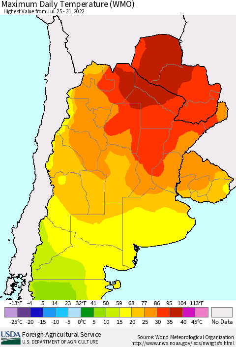 Southern South America Maximum Daily Temperature (WMO) Thematic Map For 7/25/2022 - 7/31/2022
