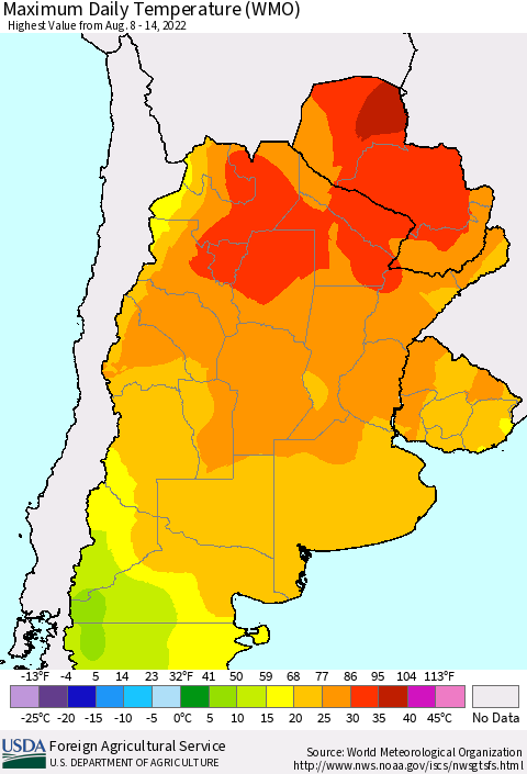 Southern South America Maximum Daily Temperature (WMO) Thematic Map For 8/8/2022 - 8/14/2022