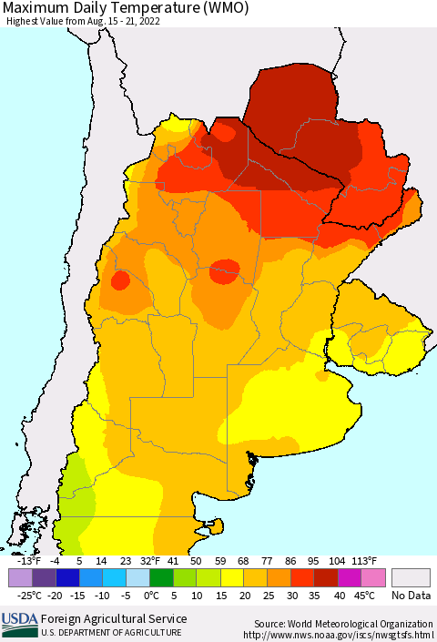 Southern South America Maximum Daily Temperature (WMO) Thematic Map For 8/15/2022 - 8/21/2022