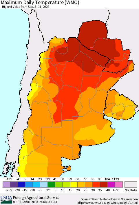 Southern South America Maximum Daily Temperature (WMO) Thematic Map For 9/5/2022 - 9/11/2022