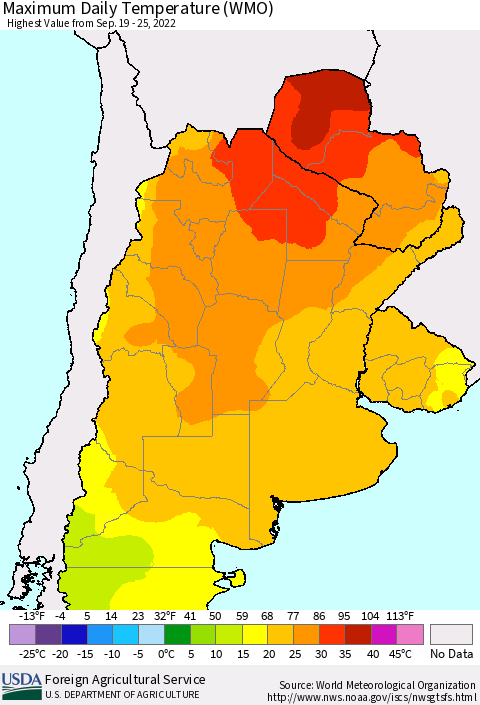 Southern South America Maximum Daily Temperature (WMO) Thematic Map For 9/19/2022 - 9/25/2022