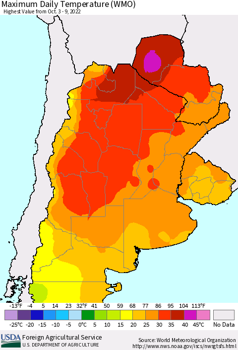 Southern South America Maximum Daily Temperature (WMO) Thematic Map For 10/3/2022 - 10/9/2022