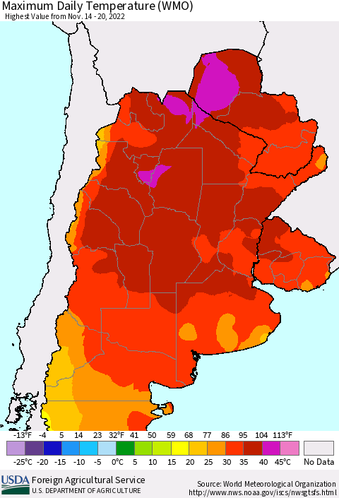Southern South America Maximum Daily Temperature (WMO) Thematic Map For 11/14/2022 - 11/20/2022