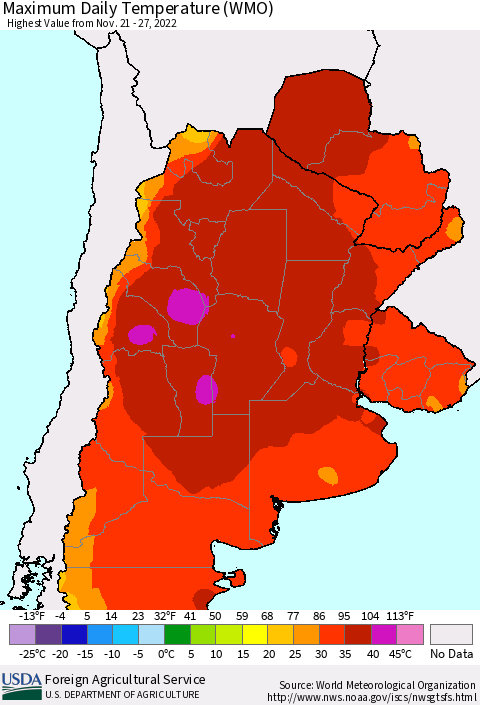 Southern South America Maximum Daily Temperature (WMO) Thematic Map For 11/21/2022 - 11/27/2022
