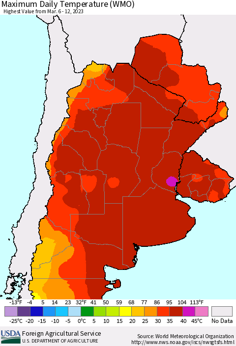 Southern South America Maximum Daily Temperature (WMO) Thematic Map For 3/6/2023 - 3/12/2023