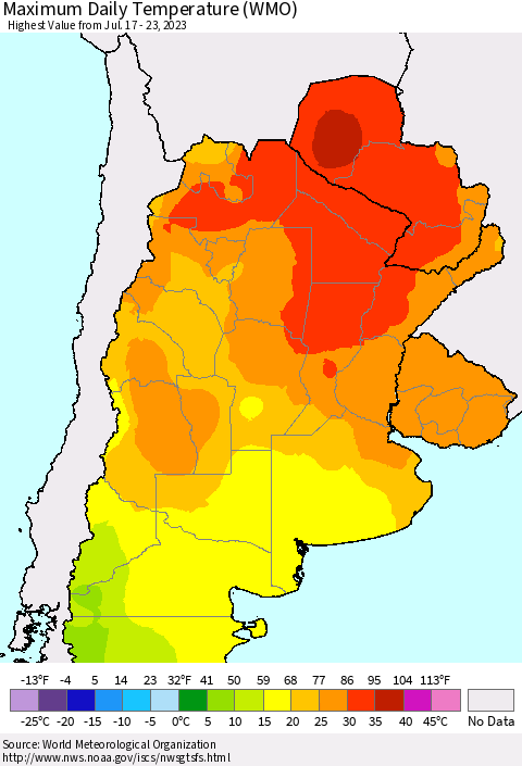 Southern South America Maximum Daily Temperature (WMO) Thematic Map For 7/17/2023 - 7/23/2023