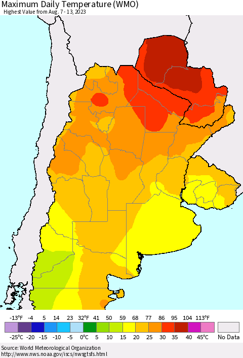Southern South America Maximum Daily Temperature (WMO) Thematic Map For 8/7/2023 - 8/13/2023