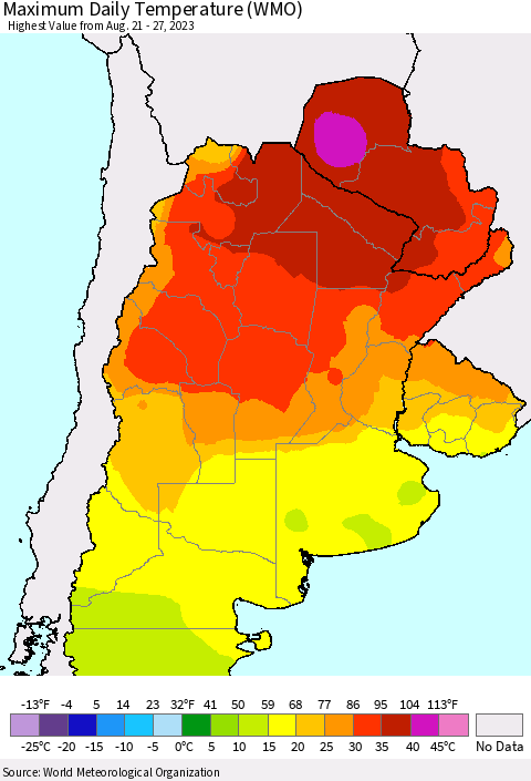 Southern South America Maximum Daily Temperature (WMO) Thematic Map For 8/21/2023 - 8/27/2023