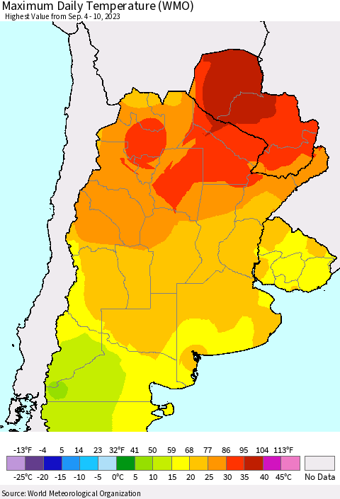 Southern South America Maximum Daily Temperature (WMO) Thematic Map For 9/4/2023 - 9/10/2023