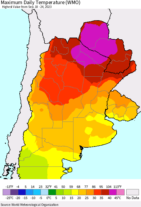 Southern South America Maximum Daily Temperature (WMO) Thematic Map For 9/18/2023 - 9/24/2023