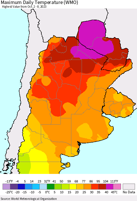Southern South America Maximum Daily Temperature (WMO) Thematic Map For 10/2/2023 - 10/8/2023