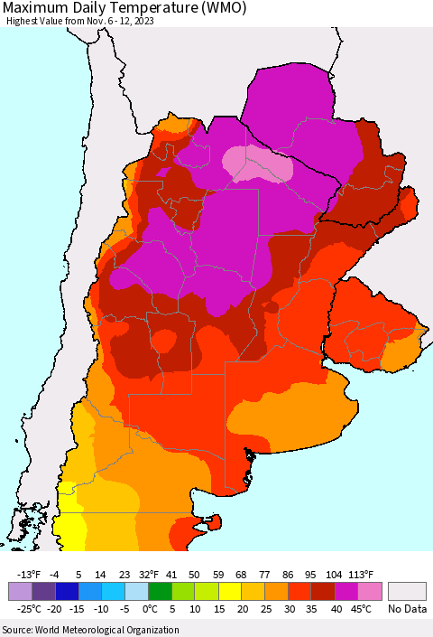 Southern South America Maximum Daily Temperature (WMO) Thematic Map For 11/6/2023 - 11/12/2023