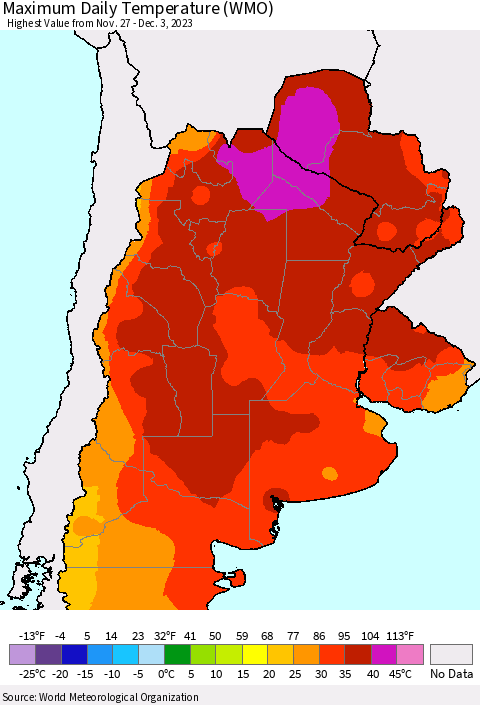 Southern South America Maximum Daily Temperature (WMO) Thematic Map For 11/27/2023 - 12/3/2023